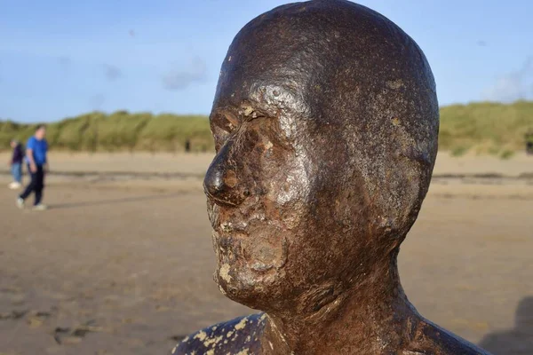 Liverpool, Merseyside, Birleşik Krallık: Antony Gormley 'nin Liverpool, Crosby Beach' teki 'Başka Bir Yer' sanat enstalasyonundan dökme demir bir figürü kapatın