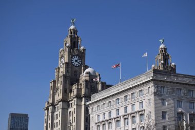 Liverpool, Merseyside, Birleşik Krallık - 18 Nisan 2023: Liverpool 'un ikonik sınıfı 1, Royal Liver Building ve 2. sınıf * The Cunard Building, of the protected Three Graces, located at the Pier Head.