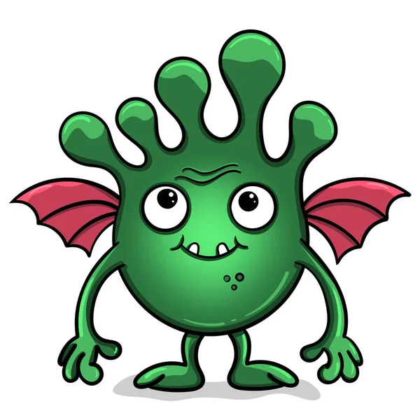 Ein Rundes Grünes Monster Mit Rosa Flügeln Nettes Isoliertes Alien — Stockvektor