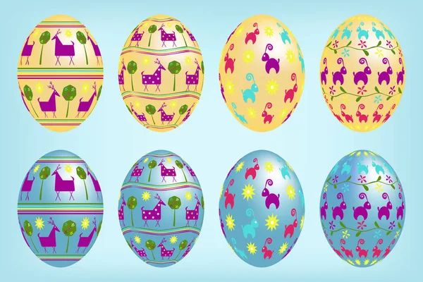 Conjunto Huevos Volumétricos Pascua Amarillo Azul Con Adornos Multicolores Símbolo — Vector de stock