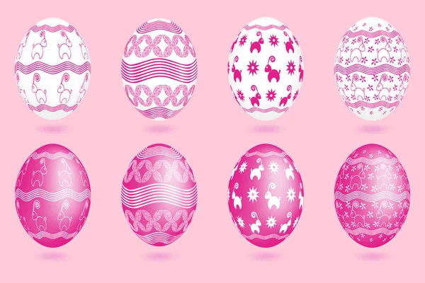 Conjunto Huevos Pascua Tridimensionales Con Adornos Colores Blanco Rosa Símbolo — Vector de stock