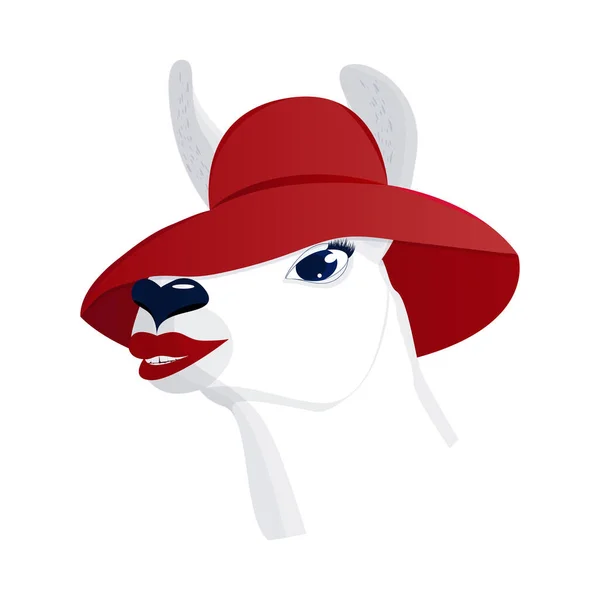 Kırmızı dudaklı ve şapkalı gülümseyen bir lama portresi. Düz stil, şirin çizgi film hayvanı. Vektör.