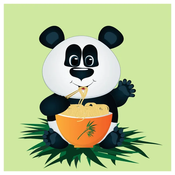 Cartoon Panda Sits Bamboo Leaves Eats Noodles Orange Bowl Cute — Stock Vector