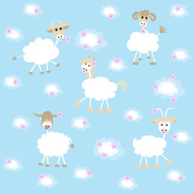 Bebek kusursuz desen. Bir koyun, bir at, bir kuzu, bir keçi ve bulutlarda uçan bir öküz. Evcil hayvanları kağıda, duvar kağıdına, kumaşa, cama yerleştirmek için vektör illüstrasyonu.