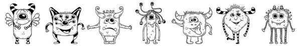 一组七只矢量怪物 有矩形和正方形的身体 有趣的手绘怪物 传病的黑白动物 卡通外星人 为您的设计设置7个字符 — 图库矢量图片