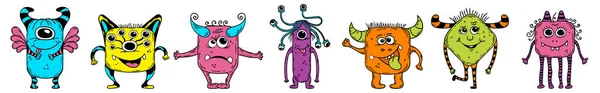 Conjunto Siete Monstruos Multicolores Rectangulares Extraterrestres Dibujos Animados Microbios Divertidos — Vector de stock