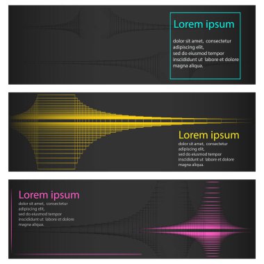 Üç modern arka plan şablonu. Siyah sahada renkli yüksek teknolojili bir süs. Çizgilerin geometrik deseni.