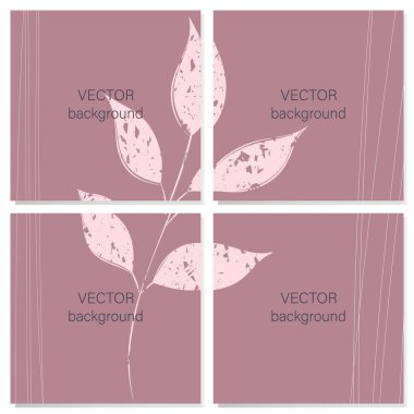 Dal ve çizgilerin yer aldığı dört adet minimalist kare pembe arka plan. Model kartpostal, poster, geçmiş, kapak, etiket, ambalaj. Modern vektör tasarımı.