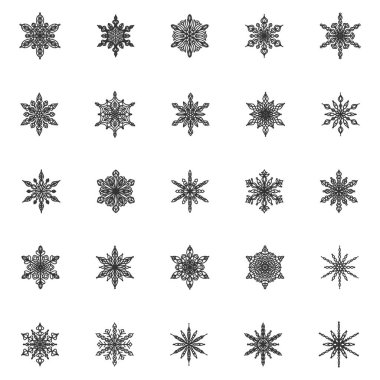 Vektör kar tanelerinin toplanması. Beyaz arka planda 25 kış ikonu seti. Noel ve yeni yılın sembolü. Buz desenini aç.