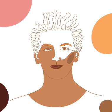 Soyut figürlerle beyaz arka plandaki bir adamın hayali bir portresi. Kahverengi tonlu hayali bir adam çizilmiş. Minimalist desen.