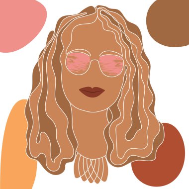 Soyut figürlerle beyaz arka planda duran bir kızın hayali bir portresi. Kahverengi tonlarda çizilmiş gül renkli gözlüklü hayali bir kadın. Minimalist desen.