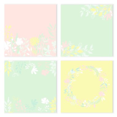Çiçekli arka planlar. Sarı, pembe ve yeşil olmak üzere dört kare çiçek arkaplanı. Hassas düz botanik desen. Kartpostal, tatil davetiyesi, sosyal medya afişi. Tasarımındaki doğa. 