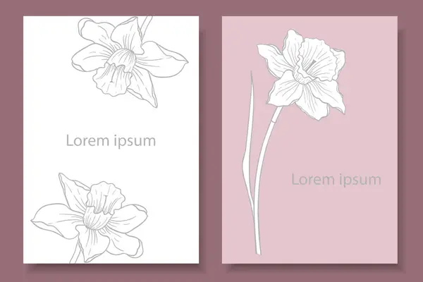 İki pastel renkli çiçek arkaplanı ve nergis resmi. Çiçek temalı narin babalar. Davetiyeler, etiketler, kartpostallar tasarımı.