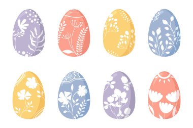 Sekiz vektör Paskalya yumurtası. Pastel renklerde. Çiçek süsleri düz stil.. 