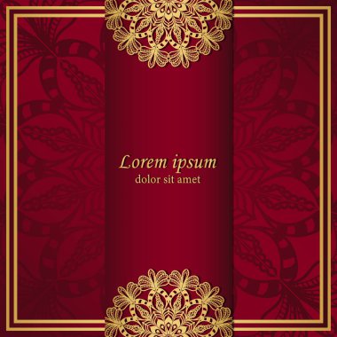 Şatafatlı bir arka plan ve doğu süsü. Kartpostal şablonu, kartvizitler, posterler, üzerinde altın mandala unsurları olan kırmızı davetiyeler. Kapağın tasarımı, kutular, paketler. Vektör.