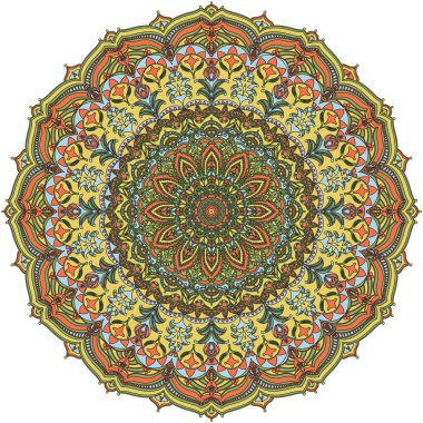 Yuvarlak mandala sarı, turuncu, yeşil ve maviyle boyanmıştır. Çok renkli oryantal desen. Dövme şablonu, kına. Tekstil, kağıt, tebrik kartları, tabaklar için vektör süsü .