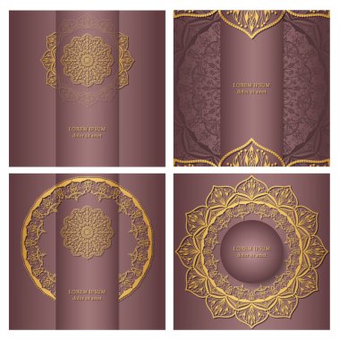 Altın rengi mandala ile dört tane lüks pembe kare arka plan. Kartpostal, etnik süslerle davetiye.