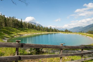 Beautiful summer view of a small alpine lake in the alpine mountains in Imst, Tirol. Water reservoir in beautiful Imst, surrounded by alpine pine trees. Wild flowers and grass. Tranquil scene. clipart