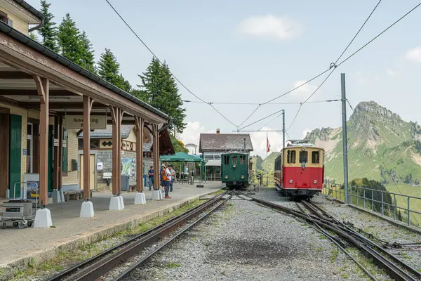 İsviçre Alpleri 'ndeki Schynige Platte tren istasyonunda eski çarklar. Dağ tren istasyonunda eski vagonları olan klasik yeşil ve kırmızı bir lokomotif. 10 Temmuz 2023, Schynige Platte, İsviçre.