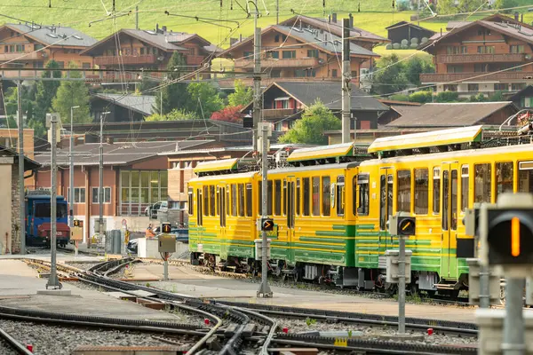 Stock image Swiss railway carriage in Grindelwald from the Wengeralpbahn. Bright yellow and green color. Carriage with door and windows. Swiss public transport. 10 july 2024, grindelwald