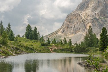 İtalyan Dolomitlerindeki Lago di Limides dağından Lagazuoi dağına doğru. Çam ağaçları ve kayalık dağ arkaplanlı bir yaz manzarası. Aktif turistler için güzel bir yürüyüş yeri.