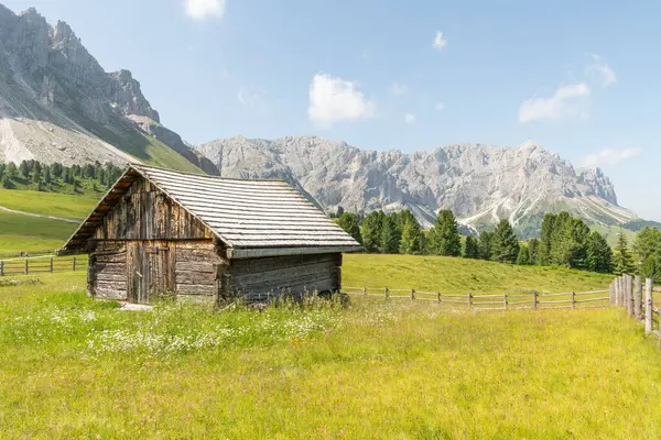 Ahşap bir dağ kulübesinde güzel bir yaz manzarası. Idyllic manzara, ön planda Alp çayırı, arka planda kayalık İtalyan dağları. Güneşli bir yaz günü. Villn, Villnss Vadisi, Güney Tyrol.