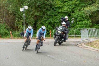 12 september 2024, Diepenbeek, Belgium. Belgian mixed relay team during EK cycling championship in limburg. Belgian cycling athletes during time trial competition, european championship. European sports event clipart