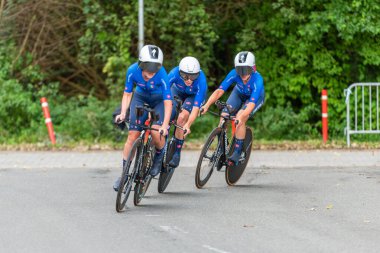 12 september 2024, Diepenbeek, Belgium. Italian mixed relay team during EK cycling championship in limburg. Italian cycling athletes during time trial competition, european championship. European sports event clipart