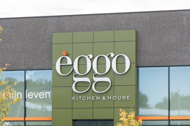 22 september 2024, Genk, Belgium. Eggo kichen manufacturer, brand name on signboard on facade  on modern building exterior. Commercial activity, kitchen designer kitchen installing business. clipart