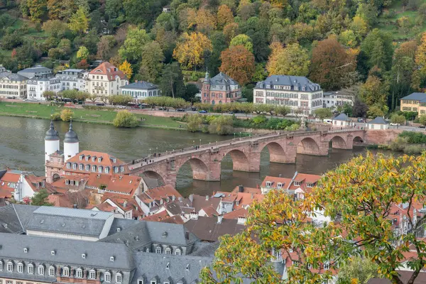 Karl Theodor Köprüsü (Almanca: Karl-Theodor-Brcke) ve Alman şehri Heidelberg 'in eski kapısı bulutlu bir günde sonbaharda görülür. Heidelberg Neckar Nehri 'nde.