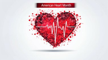 Kırmızı kalp şekli, kalbin içindeki ECG çizgisinin normal beyaz çizgisi, kırmızı ve siyah metin Amerikan Kalp Ayı, beyaz arka plan. Reklam posteri, sağlık farkındalığı posteri. Sağlık teması.