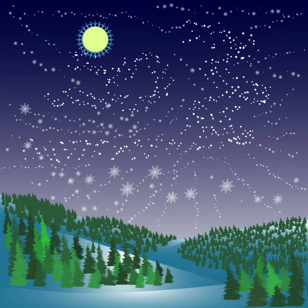 Winter Christmas Fir Forest Moon Snowflakes — Stock Vector