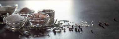 Different types of salt and culinary spices in glass plates on a dark background