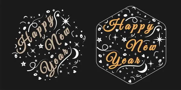 Siyah arkaplandaki yeni yıl tipografi tasarımı kutlu olsun. Vektör illüstrasyonu, Mutlu Yıllar 2024 'ün el yazısı kaligrafi kompozisyonu.