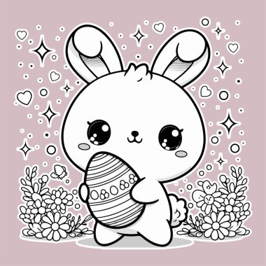 Paskalya tavşanı ya da elinde süslü bir yumurta tutan tavşan. Paskalya Günü için etiket.