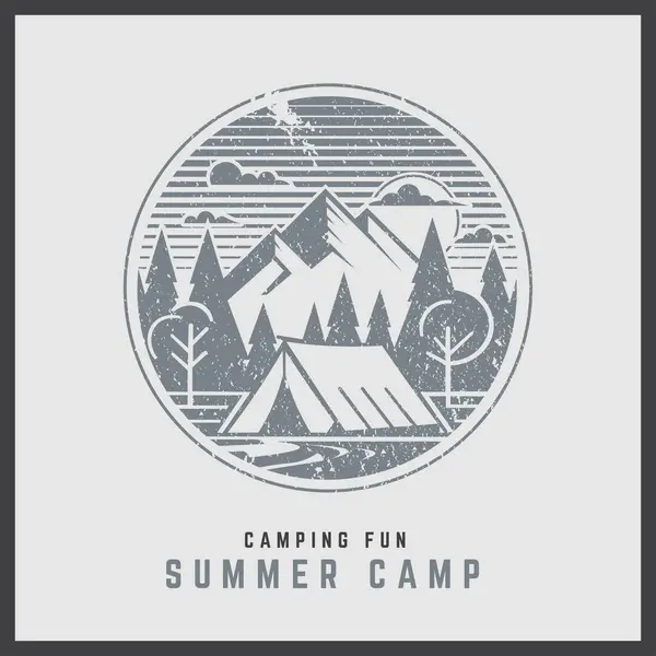 Kampın eğlenceli yaz kampı arka plan sahnesi. Tek renkli kamp logosu, beyaz arkaplanda izole edilmiş amblem.