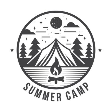 Camping fun summer camp vector background scene. monochrome camping logo, emblem isolated on white background clipart