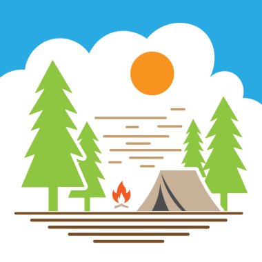 Açık hava kampı yaz kampı arka plan sahnesi çadır, kemik ateşi, çam ağacı, dağ, yıldız, bulutlar, ay.