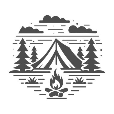 Açık hava kampı yaz kampı arka plan sahnesi çadır, kemik ateşi, çam ağacı, dağ, yıldız, bulutlar, ay.