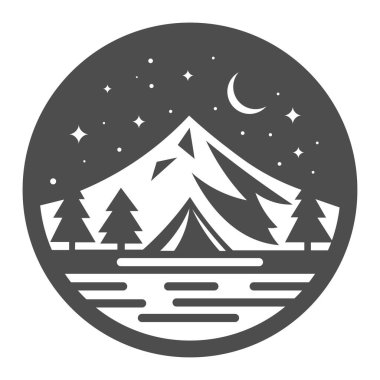 Açık hava kampı yaz kampı arka plan sahnesi çadır, kemik ateşi, çam ağacı, dağ, yıldız, bulutlar, ay.