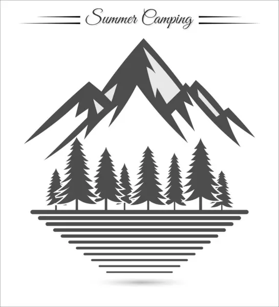 Lake Side Dağı ve Pine Tree silueti. Çam Ormanı Panorama Kamp vektör tasarım elementi.