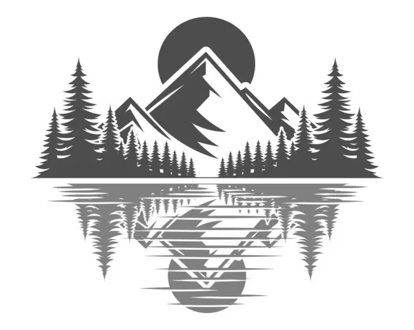 Lake Side Dağı ve Pine Tree silueti. Çam Ormanı Panorama Kamp vektör tasarım elementi.