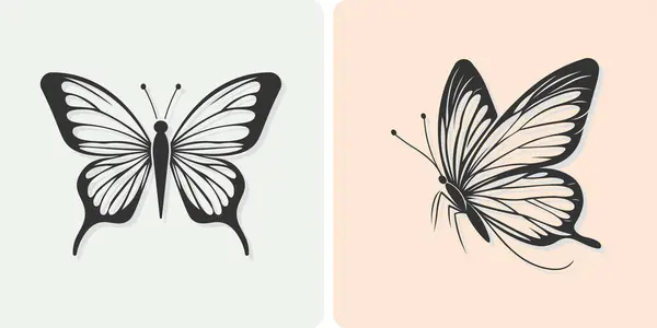 Kelebek Vektörü Grafik Çizimi Moda Retro Stili. Kelebek Güvesi Siyah Siluetleri.