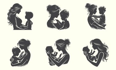 Büyüleyici Anneler Günü silueti seti. Kartlar, hediyeler ve sosyal medya için mükemmel. Annemi sevgiyle kutla..