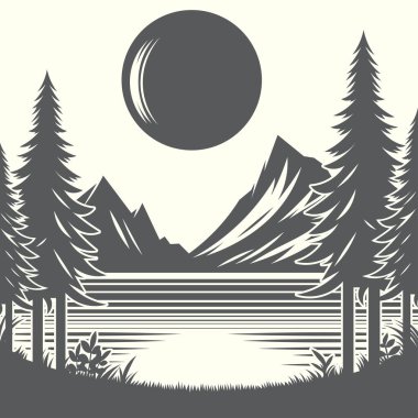 Dağ batımı çam ağacı manzarası. Açık hava ve kırsal temalar için sahne vektör sanatı..