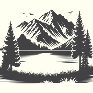 Lakeside dağ silueti doğa için huzurlu orman manzarası ve seyahat tasarımları.