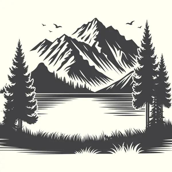Lakeside dağ silueti doğa için huzurlu orman manzarası ve seyahat tasarımları.