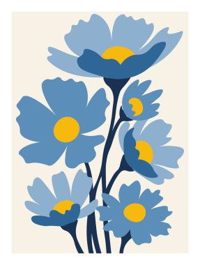 1960 'ların modası geçmiş botanik duvar resimleri, çiçek tasarımı, soyut çiçek posteri, renkli hippi titreşimli komik çiçek resimleri.