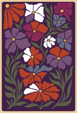 1960 'ların modası geçmiş botanik duvar resimleri çiçek tasarımı, soyut çiçek posteri, retro renk paletinde sanatsal çiçek kompozisyonu