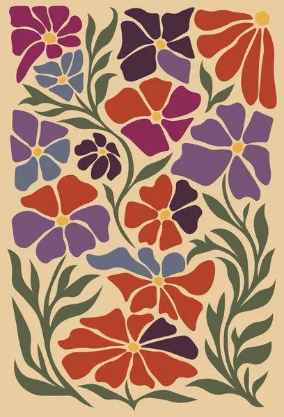 1960 'ların modası geçmiş botanik duvar resimleri çiçek tasarımı, soyut çiçek posteri, retro renk paletinde sanatsal çiçek kompozisyonu